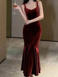 Nukty Vintage Elegant Wine Red Long Mermaid Dresses Fashion Women's V-Neck Solid Slim Wasit Evening Party Sling Robe New Summer