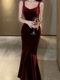 Nukty Vintage Elegant Wine Red Long Mermaid Dresses Fashion Women's V-Neck Solid Slim Wasit Evening Party Sling Robe New Summer