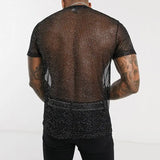 Nukty Men's Short Sleeve Mesh T Shirt Sheer Slim Fit Shiny Sexy See-through Party Nightclub Thin Breathable Clothing Leisure Tees
