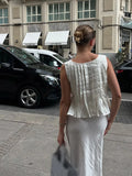 Nukty Elegant White Pleated Vest Maxi Skirts Sets Fashion Round Neck Lace-up Puff Hem Tops Suit New Vocation High Streetwear