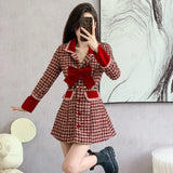 Nukty Christmas Outfits DRESS TO IMPRESS New Autumn Winter High-Quality Red Houndstooth Bow Lapel Dress Coat Women's Small Fragrant Woolen Coat Dresses Female Clothing