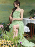 Nukty Elegant Green Halter Sleeveless Womens Dresses French Spaghetti Strap Backless Party Long Dress Summer Spring Casual Beach Robe