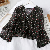 Nukty  Blouses Women Temperament V Neck Floral Print Sweet Small Fresh Long Sleeves Chiffon Shirt Autumn All-match Short Crop Top