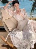 Nukty White Lace Flora Embroidery Women Dresses Bodycon Summer Vacation V-neck Vintage Women's Clothing Elegant Maxi Vestido Lady New