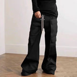 Nukty Ro Style Wide Leg Drawstring Black Cargo Pants Unisex Straight Baggy Casual Overalls Men's Streetwear Loose Oversized Trousers