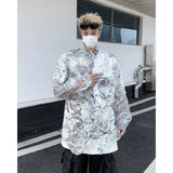 Nukty Fashion Hollow out Printed Shirt Men Long Sleeve Transparent Casual Loose Tops Streetwear Lapel Tops Sun-proof Clothing