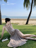 Nukty Women's Summer Elegant Backless Long Dresses New Fashion Spaghetti Strap Evening Party Prom Split Bandage Ruffled Sexy Dress