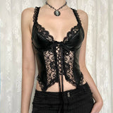 Nukty Punk Sexy Bandage PU Vest Clubwear See Through Lace Patchwork Leather Crop Top Women Summer Skinny Corset Top Gothic Tees