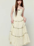 Nukty Sweet Gentle Style Polka Dot Print Long Camisols Cake Dresses Women's Summer Spliced Lace V-neck Sleeveless Bow Suspender Dress