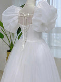 Nukty White Wedding Dress Women Fairy Princess Dress Female Fashion Evening Party Dress Ladies Summer Elegant Puff Sleeve Long Dress