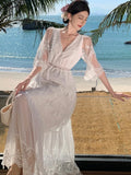 Nukty White Lace Flora Embroidery Women Dresses Bodycon Summer Vacation V-neck Vintage Women's Clothing Elegant Maxi Vestido Lady New