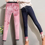 Nukty Women Thermal Jeans Winter Snow Warm Plush Stretch Jeans Lady Skinny Thicken Fleece Denim Long Pants Retro Pencil Trousers