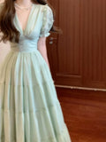 Nukty DRESS TO IMPRESS French Green Bubble Sleeve Dress Children 2024 Summer New Seaside Vacation Temperament Waist V-neck Long Dress