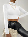 Nukty High Neck T Shirt Warm Fall Winter Long Sleeved Top Slim Fit Knit High Elastic Pullover Cropped Casual Tops Women