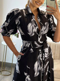 Nukty Women Floral Print Long Dress Summer Casual  Turn-down Collar Half Sleeve Loose Big Swing Dress Female Vintage  Beach Maxi Dress