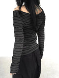 Nukty  Sexy Off Shoulder Long-Sleeve Women T Shirt Vintage Stripes Slim All-Match Tops Y2K Spring Korean Streetwear Casual Female Tees