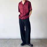 Nukty Summer Men's Stylish Shirt Cuban collar Satin Silk Wine Red Dress Shirts Short Sleeve Tops Wedding Prom Party Holiday Blouse Man