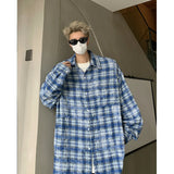 Nukty Men Shirt Plaid Tie-dye Long Sleeve Mens Casual Loose Shirt Autumn High Quality Oversized Male Checked Shirt Red/Blue/Gray