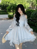 Nukty Women's Chic Irregular Ruffles Shell Decoration Mini Dress Autumn Winter Long Sleeve Off Shoulder Fairy Evening Sequin Vestidos