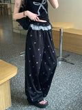 Nukty Fashion Lace Patchwork Women Casual Pants Summer Loose Preppy Bow Print Jogging Pants High Waist All Match Straight Trousers