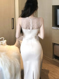 Nukty Korean Lace Stitching Elegant Mid-length Party Dresses V-neck Hollow See Through Sexy Long Sleeve Dress  Women Autumn New