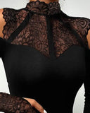 Nukty Jumpsuit Women Summer Fashion Contrast Lace Long Sleeve Sexy Cold Shoulder Plain Skinny Daily Bodysuit