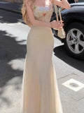 Nukty Fashion Floral Embroidery Lace Long Dresses Women Elegant Sexy Slim Fit Mesh Sling Robes 2025 New Vacation Beach Party Dress