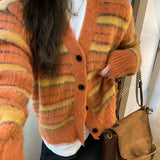 Nukty Striped Cardigan Fuzzy Wuzzy Border Cardigan V-Neck Button Up Knitted Sweater Jacket Women Unisex Autumn Winter