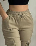 Nukty Women's Pants Summer Fashion Pocket Design Cuffed Drawstring Casual Plain High Waist Skinny Daily Knee-Length Pants