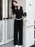 Nukty Y2K High Street Two Piece Set Tracksuit Women Long Sleeve Top Drawstring Wide Leg Pants Korean Fashion Solid Slim Casual Outfits