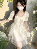 Nukty Sweet Princess Fairy Mini Dress for Women Korean Short Sleeves Ruffles Birthday Party Dresses Summer Chic Short Vestidos New