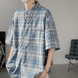 Nukty Vintage Blue Loose Plaid Men'S Shirt Fashion Tie-dye Printed Lapel Short Sleeve Men Shirts Blouses Tops Male Clothing 5XL-M