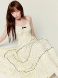 Nukty Sweet Gentle Style Polka Dot Print Long Camisols Cake Dresses Women's Summer Spliced Lace V-neck Sleeveless Bow Suspender Dress