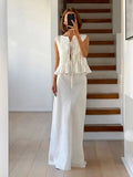 Nukty Elegant White Pleated Vest Maxi Skirts Sets Fashion Round Neck Lace-up Puff Hem Tops Suit New Vocation High Streetwear