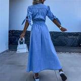 Nukty Women Deep V Neck Single-breasted Cardigan Thin Denim Dresses Lace-up Half Sleeve Dress Casual Fashion Female High Waist Gown
