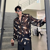 Nukty Men Sexy Feather Hollowed Out Shirt Men's Lapel Long Sleeved Transparent Clothing Streetwear Casual Loose Trendy Design Tops