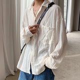 Nukty Shirts for men Apricot Handsome Lapel Men Blouse Vacation Hollow Out Sexy Fashion Men Clothing Male Mesh Long-sleeved Shirts