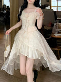 Nukty Elegant Korean Floral Ruffles Fairy Dress Vintage Court Style ShorteSleeve Princess Party Dresses Sweet Slim Waist Vestidos New