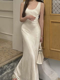 Nukty New Satin Solid Elegant Chic Mermaid Dresses Spring SummerSleeveless Bodycon Slim Wasit Evening Wedding  Party Woman Dress