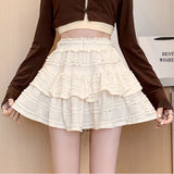 Nukty Sweet Cute Lace Mini Skirt Women Kawaii White Ruffles Pleated Skirts Summer Korean High Waist Black Casual A Line Skirt