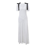 Nukty Elegant Temperament Bow Summer Casual Maxi Dresses V-Neck Y2K Slim Fit Long Dress Evening Party Office Holiday Vestidos