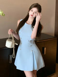 Nukty Elegant French Chic Spring Summer Women's Dresses Blue O-Neck Sleeveless Pleated Korean Dress Party Evening Prom Female Clothes