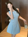 Nukty Elegant French Chic Spring Summer Women's Dresses Blue O-Neck Sleeveless Pleated Korean Dress Party Evening Prom Female Clothes