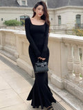Nukty Autumn Sexy Black Mermaid Party Dress for Women Square Collar Long Sleeve Slim Bodycon Vestidos Elegant Streetwear Long Robe