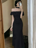 Nukty Sexy Solid Off Shoulder Mermaid Dresses Summer Slim Waist Vestidos Mujer Elegant Ruffles Slash Neck Bodycon Evening Party Dress