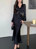 Nukty Autumn Satin Long Dresses for Women Long Sleeve Slim Mermaid Dress Vintage Solid Wedding Party Prom Robe Lace Up Vestidos Mujer