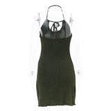 Nukty  American Low Cut Halter Neck Dress Women Summer Sexy Backless Green Mini Dress Y2K Fashion Lace Up Sleeveless A Line Dress
