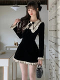 Nukty Y2K Sweet Velvet Womens Dresses French Patchwork Princess Flare Long Sleeves Birthday Party Mini Dress Female Short Vestidos New