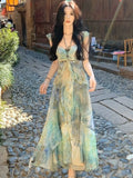 Nukty Elegant Ruffles Print Long Dresses for Women Sweet Sleeveless Fairy Birthday Party Dress Summer A-line Vestidos Casual New Robe