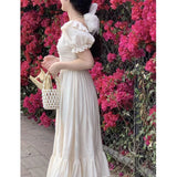 Nukty Elegant Square Collar White Dress Summer Fashion Puff Sleeve Ruffle Dress for Women 2024 Chic Vintage Maxi Dresses